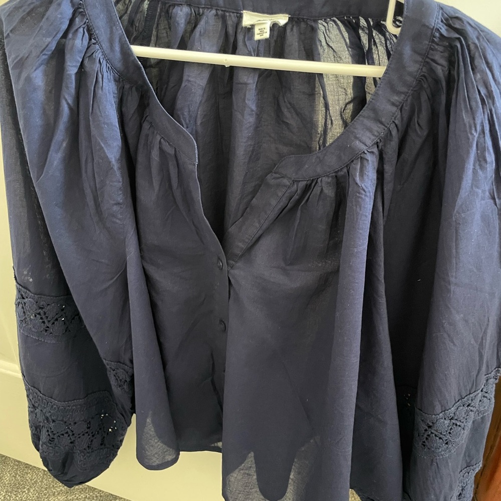 Aerie  Navy Blue Blouse with Lace Sleeves Large